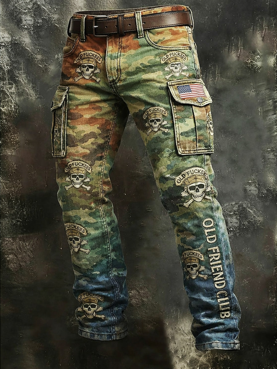 Men's Retro Old Fuckers Club Camouflage Print Casual Workwear Trousers